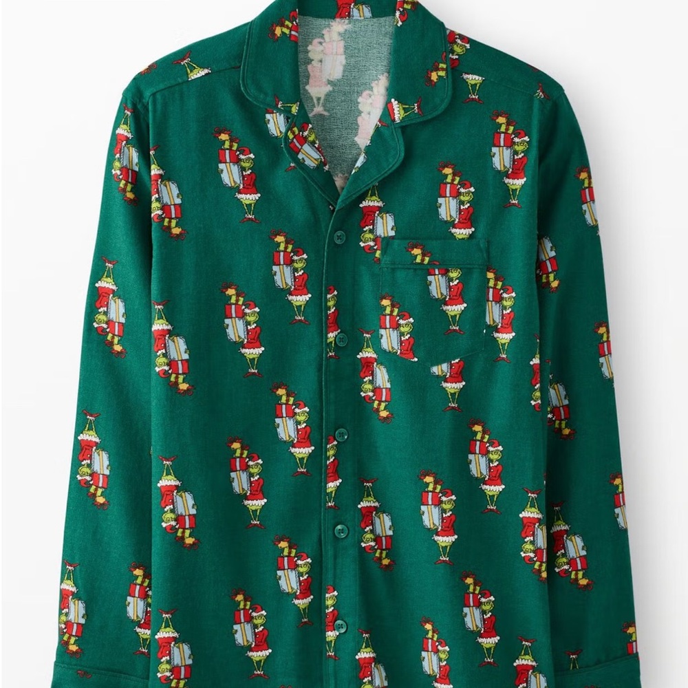 Hanna Andersson Flannel Grinch Print Pajamas; shirt and pants.